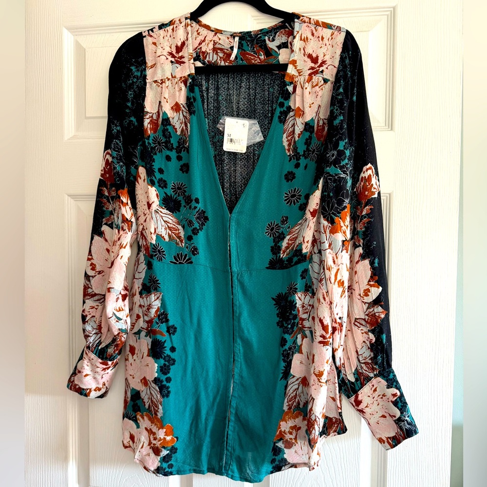 Free People Floral Blouse Tunic Teal Medium Boho Chic Babydoll y2k